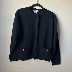 Talbots Merino Wool Cardigan Womens M Black Gold Button Pockets Business Casual